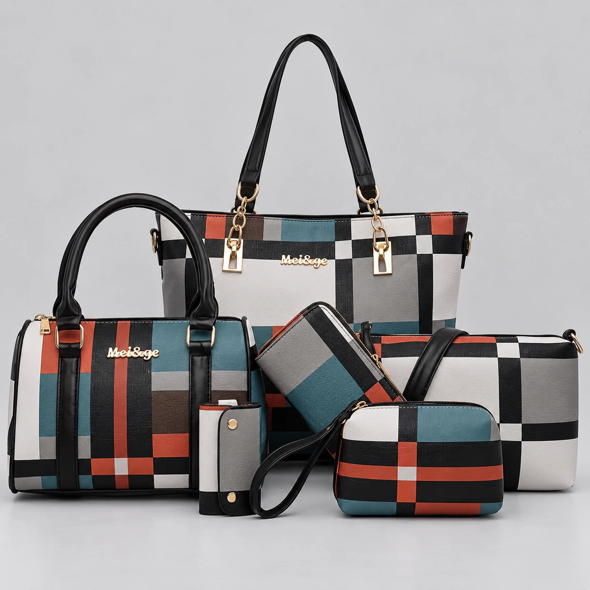 Maison Grid | Women's 6-Piece Handbag Set – Tote, Satchel, Crossbody, Clutch & Wallet