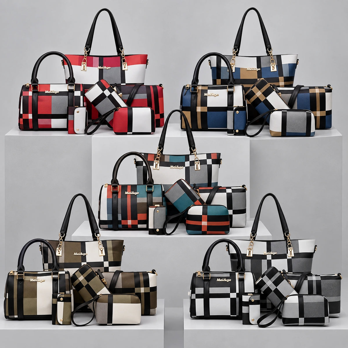 Maison Grid | Women's 6-Piece Handbag Set – Tote, Satchel, Crossbody, Clutch & Wallet