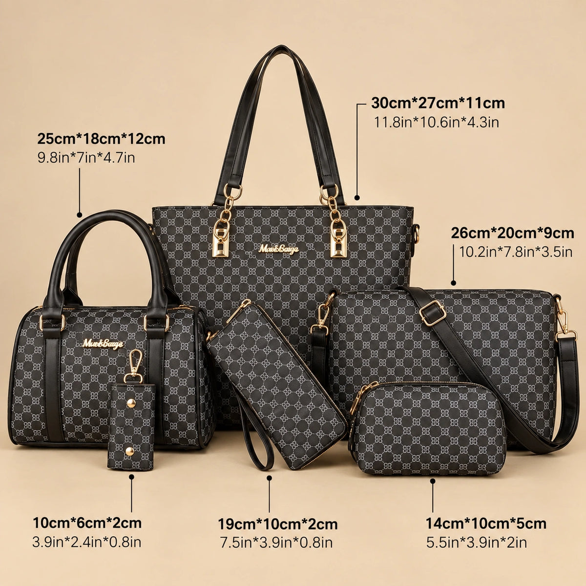 Bohème | Women's 6-Piece Handbag – Tote, Handbag, Clutch, Crossbody, Wallet & Key Case