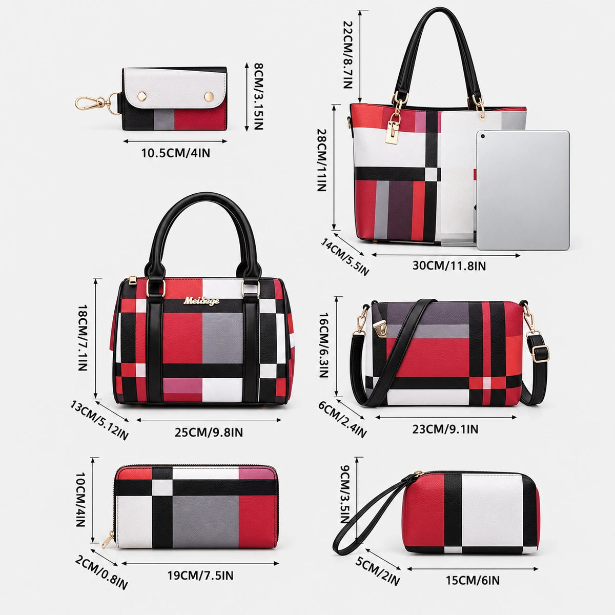 Maison Grid | Women's 6-Piece Handbag Set – Tote, Satchel, Crossbody, Clutch & Wallet
