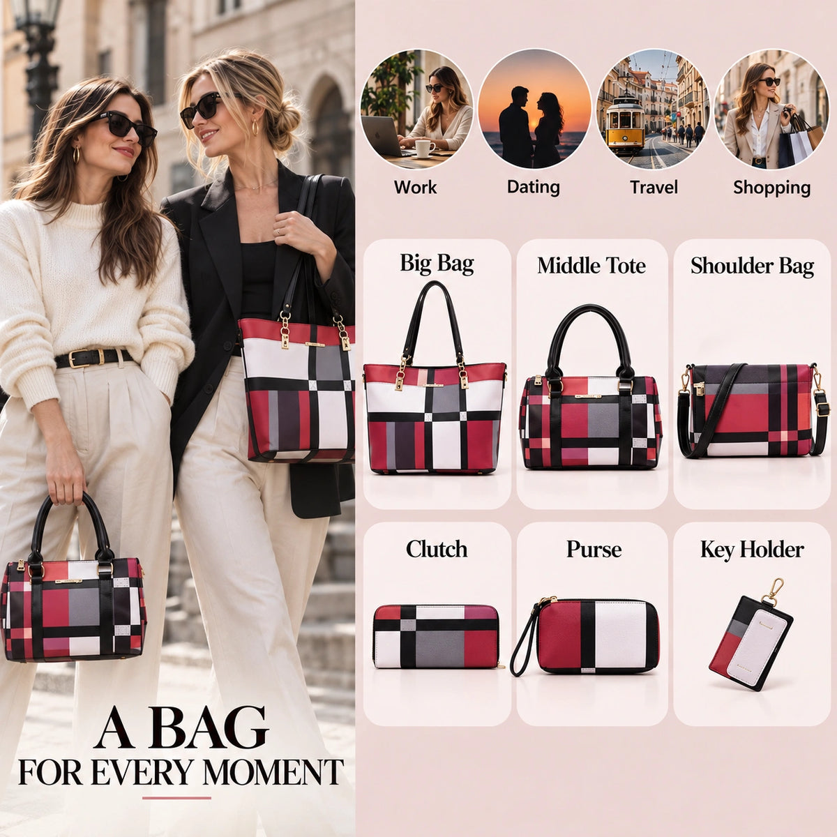 Maison Grid | Women's 6-Piece Handbag Set – Tote, Satchel, Crossbody, Clutch & Wallet