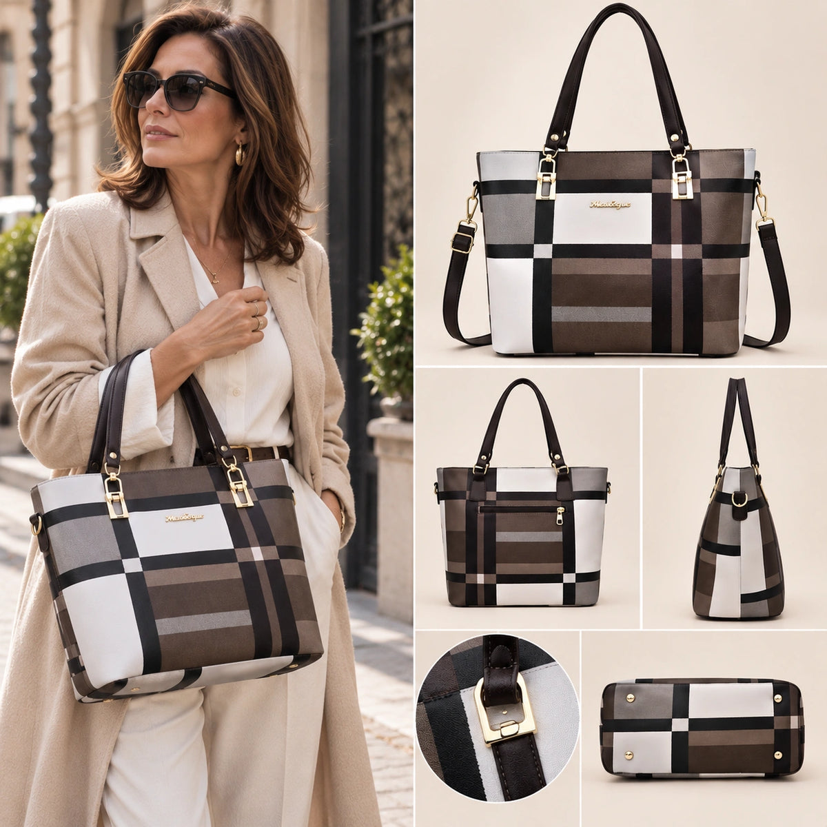 Maison Grid | Women's 6-Piece Handbag Set – Tote, Satchel, Crossbody, Clutch & Wallet