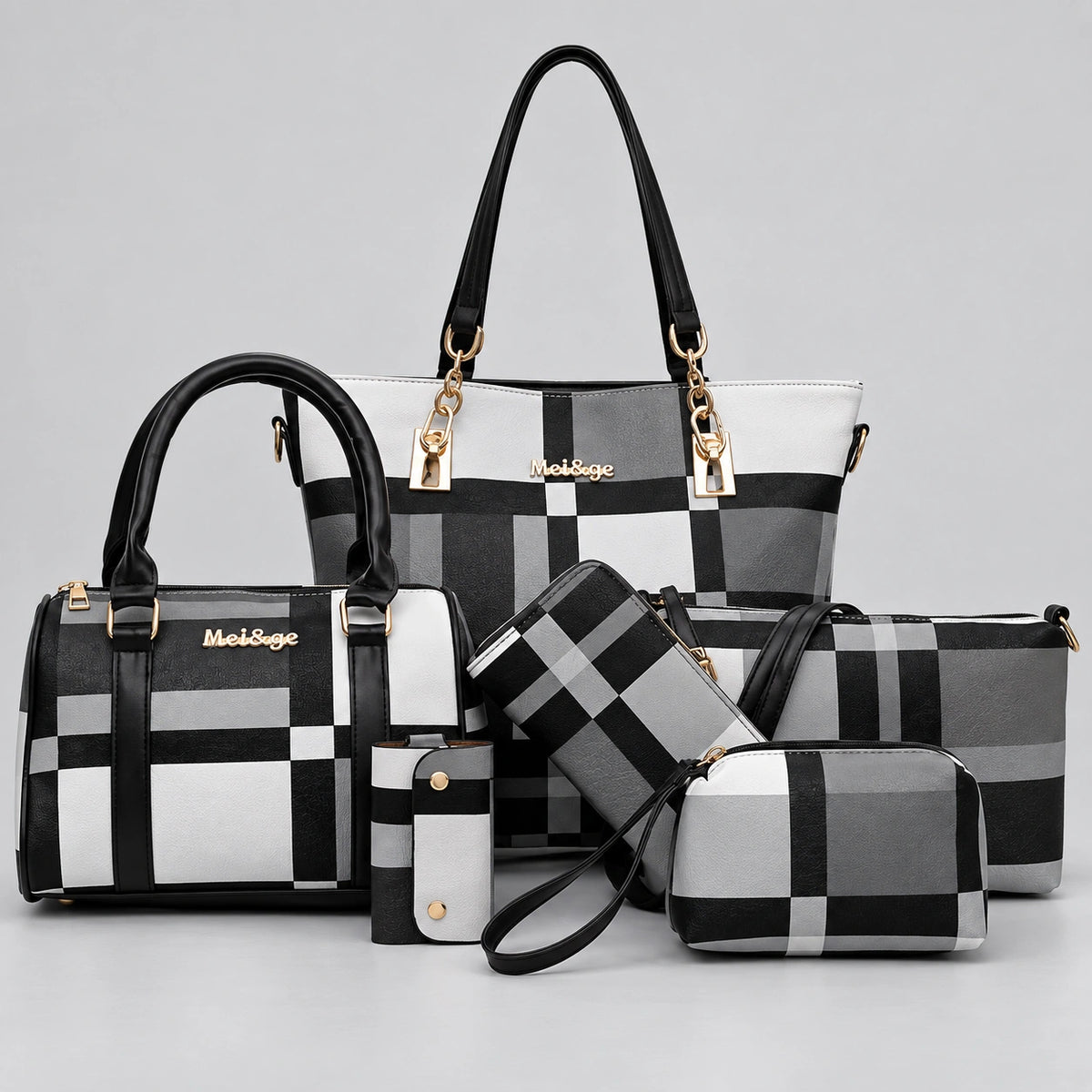 Maison Grid | Women's 6-Piece Handbag Set – Tote, Satchel, Crossbody, Clutch & Wallet