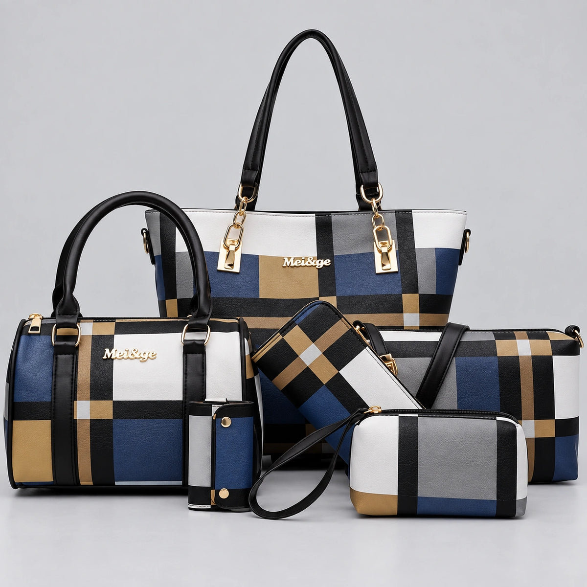 Maison Grid | Women's 6-Piece Handbag Set – Tote, Satchel, Crossbody, Clutch & Wallet