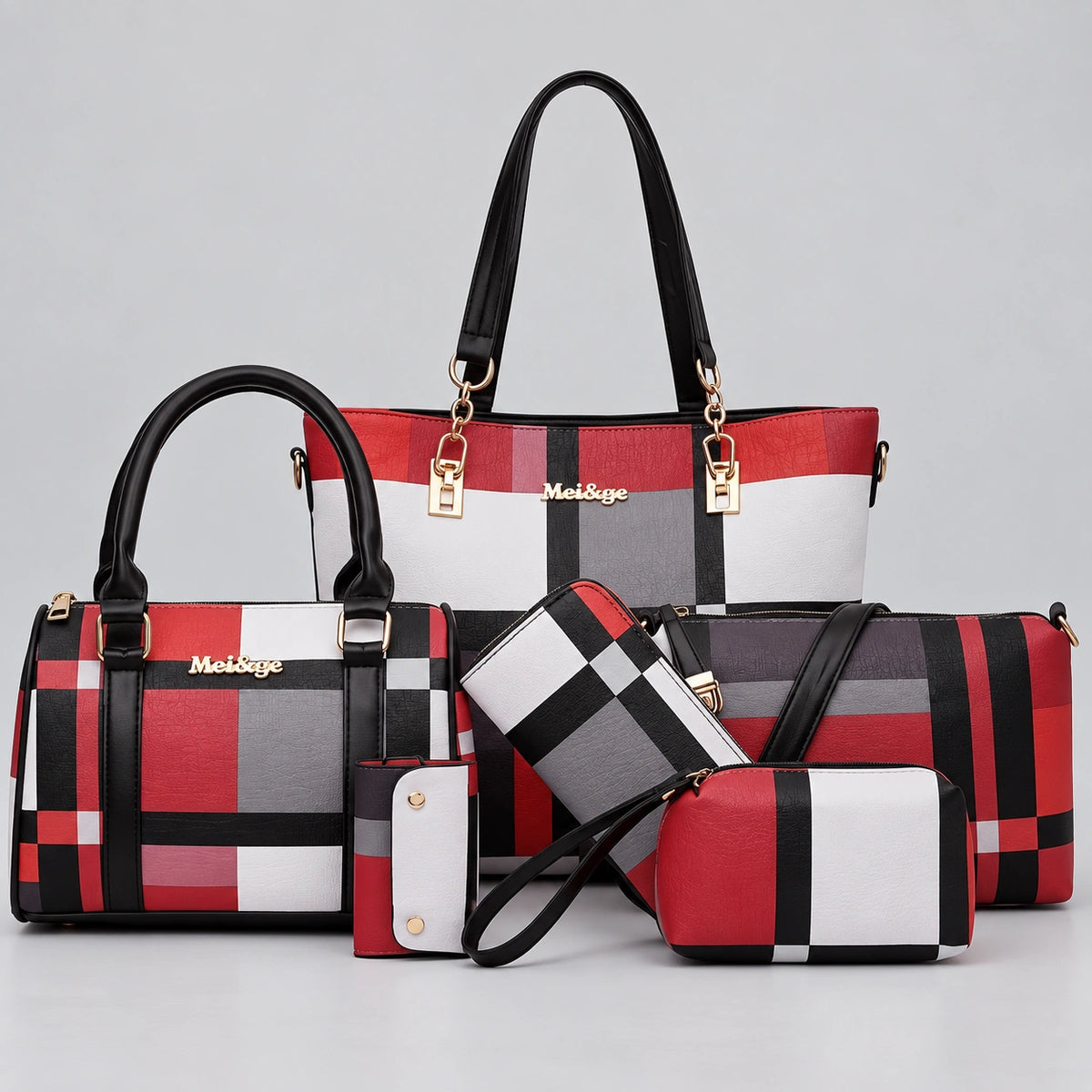 Maison Grid | Women's 6-Piece Handbag Set – Tote, Satchel, Crossbody, Clutch & Wallet