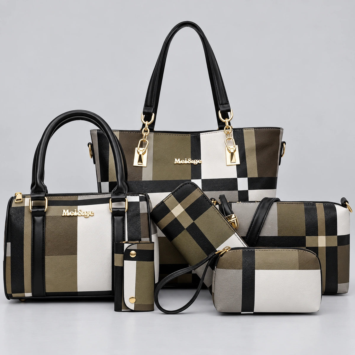 Maison Grid | Women's 6-Piece Handbag Set – Tote, Satchel, Crossbody, Clutch & Wallet