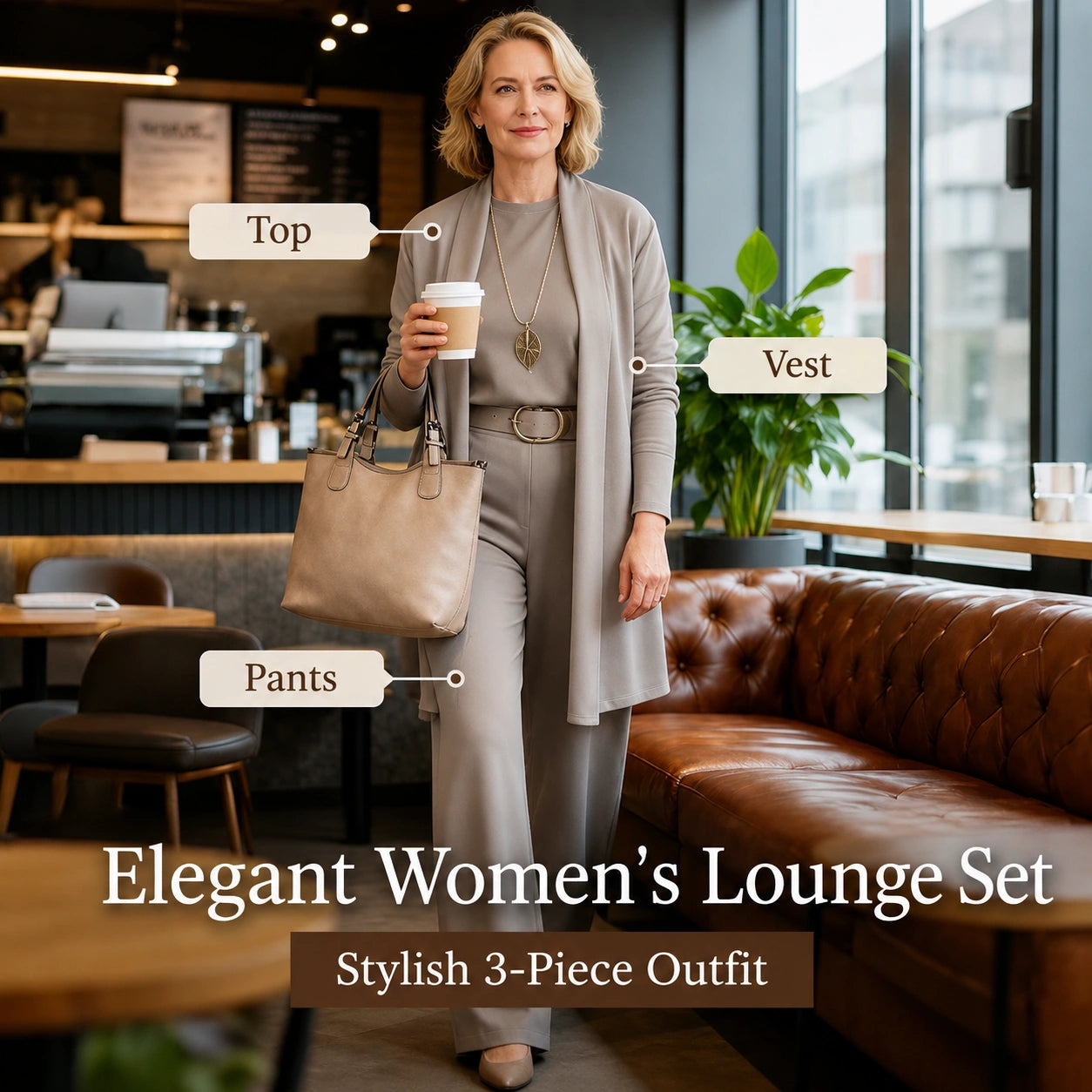 Elena – Elegant Women's 3-Piece Set (Cardigan, Top and Trousers)